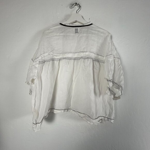 Maeve Womens White Oversized V-Neck Ruffle Trim Blouse Top Large Black Trim - Picture 2 of 10